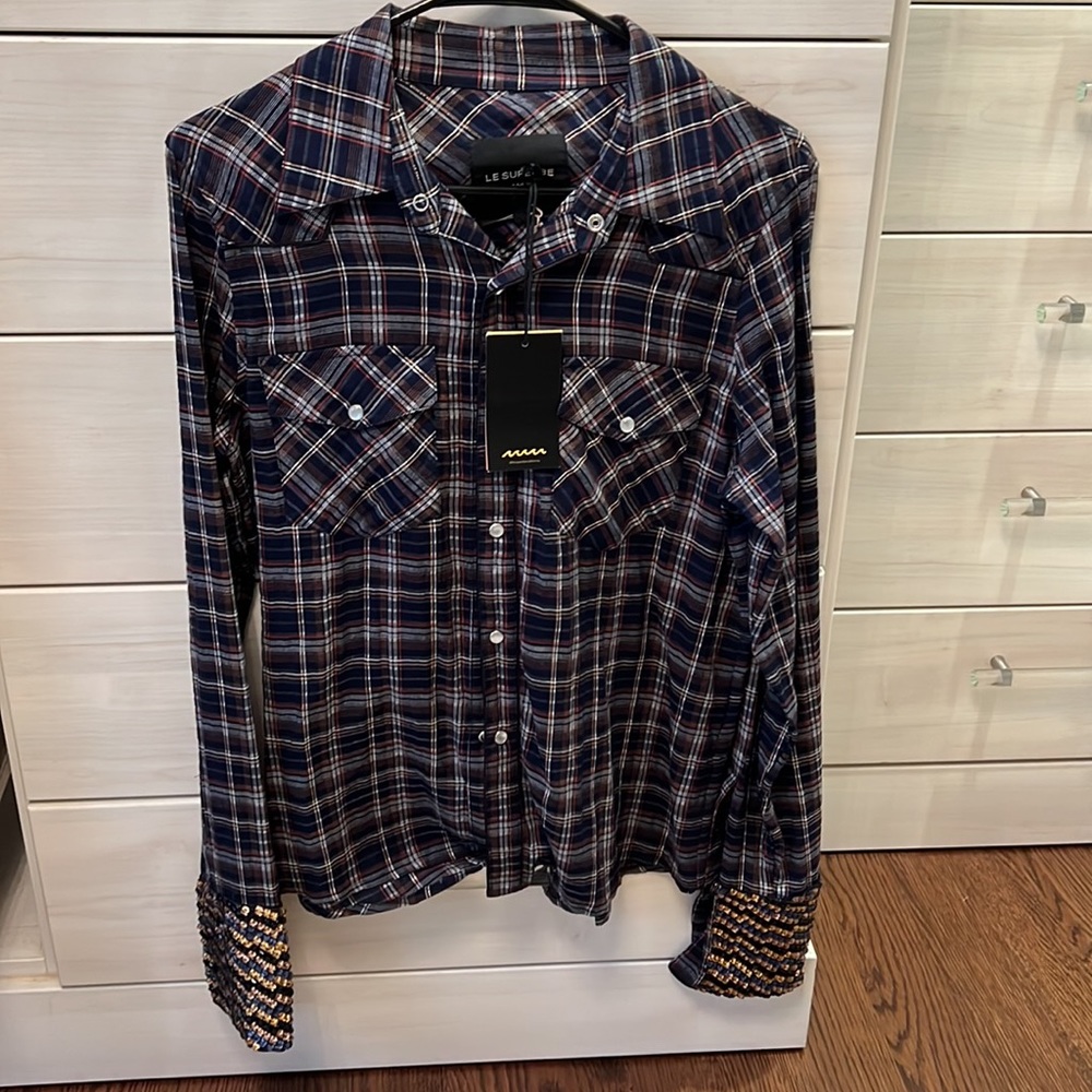 NWT Le Superbe Superstoned Cowboy Shirt Midnight Plaid Pearl Snap Size 4